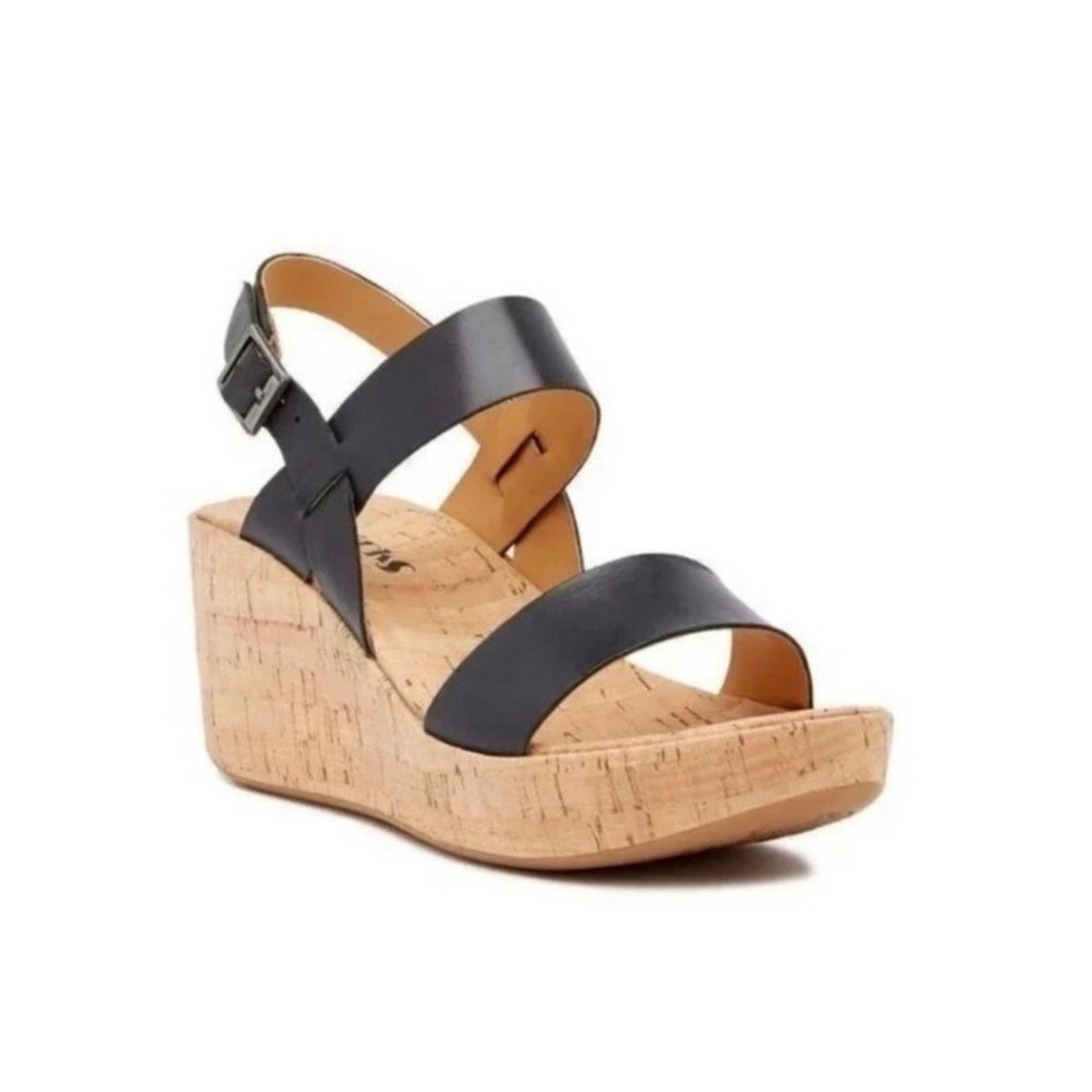 Korks Womens Black Leather Cork Wedge Platform Sandals Ankle Strap Buckle